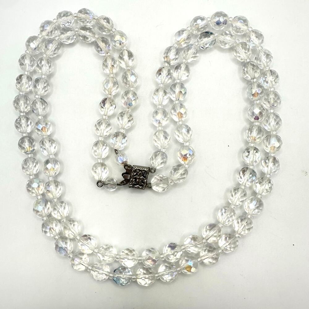Vintage 2 double strand clear faceted glass aurora borealis AB beaded necklace